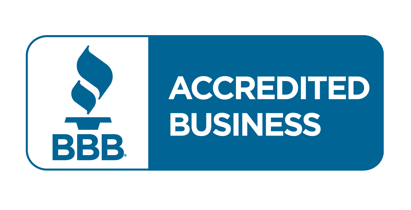 Better Business Bureau Accredited Business logo with white text and flame icon on blue background.